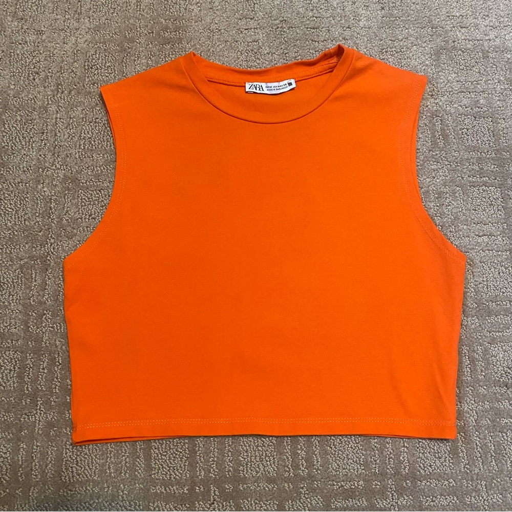 {Zara} Orange Sleeveless Cropped Muscle Tee Top ~ Size Medium